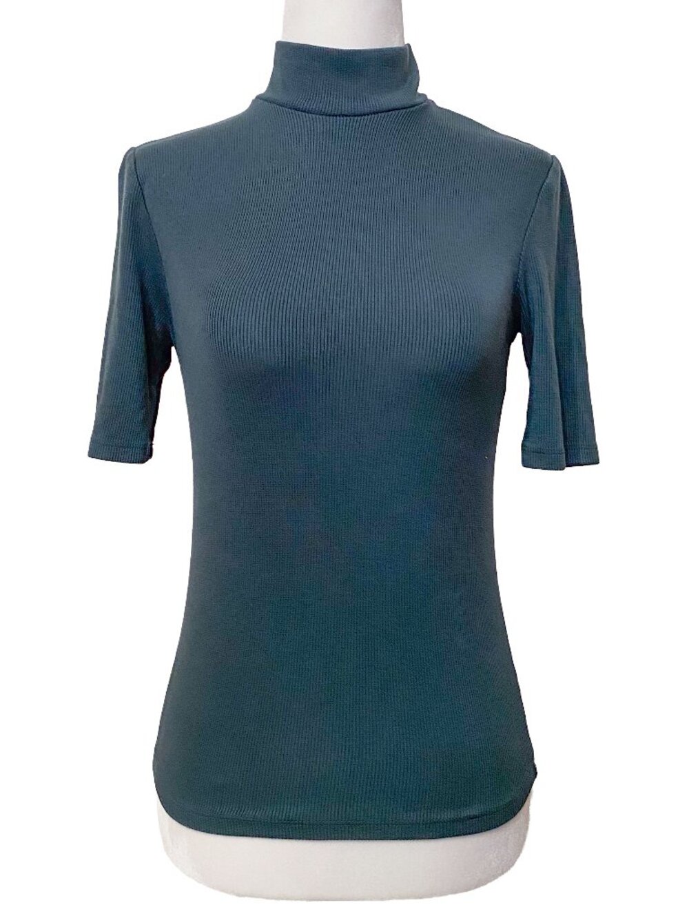 MARINE LAYER Lexi Ribbed Mock Neck Top S Short Sleeve Forrest Green Minimalist